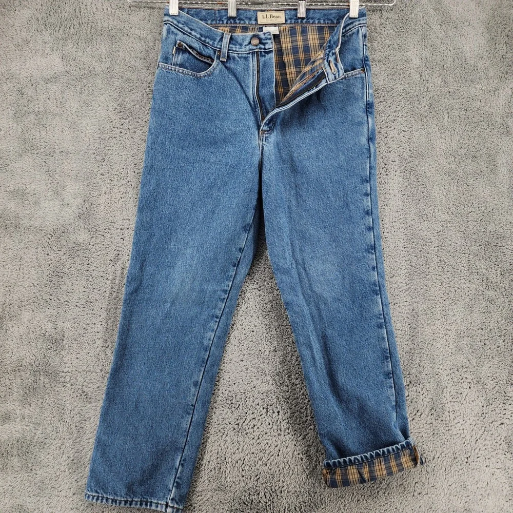 LL Bean Double L Jeans Mens 32x30 Denim Med Wash Plaid Flannel Lined Outdoor